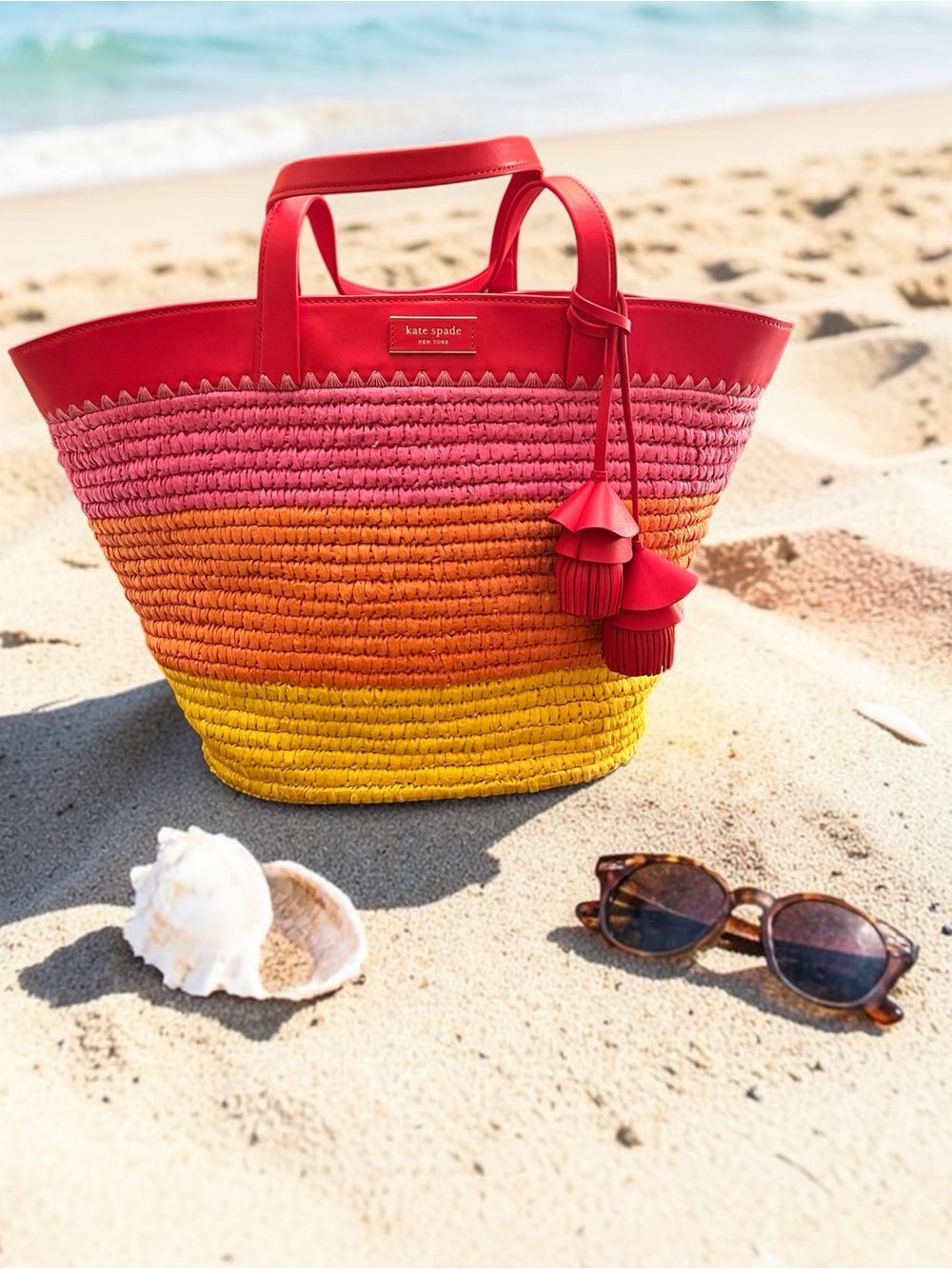 Kate Spade Pier Striped Straw Medium Tote in Pink, Orange & Yellow w/Tassel